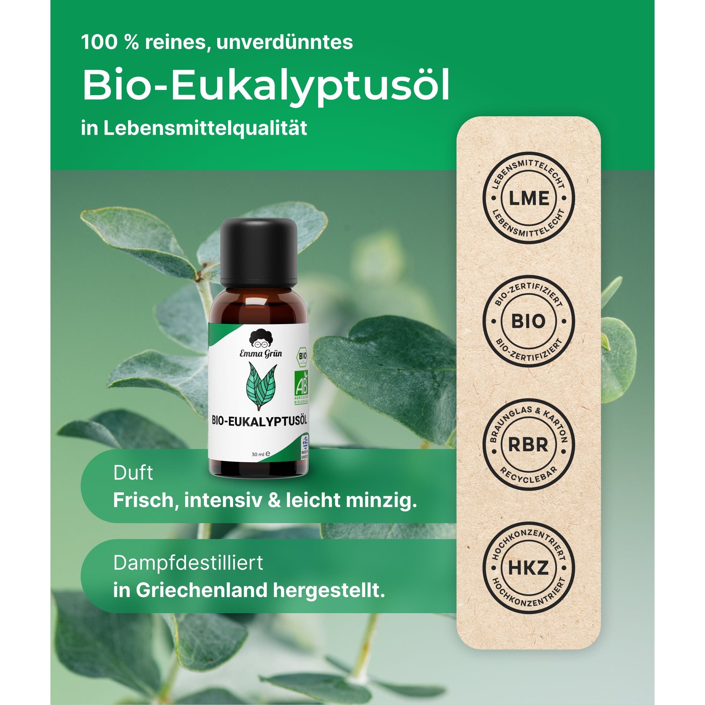 Huile d'eucalyptus bio 30 ml, huile essentielle, naturelle &amp; fortement dosée, qualité bio 