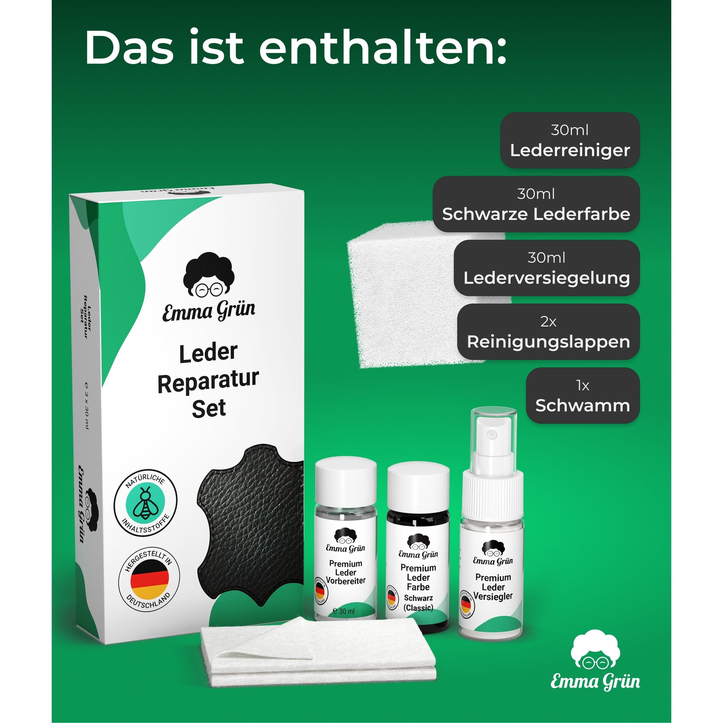 Lederreparatur Set schwarz 3x 30 ml, Aufarbeitung für Lenkräder & Autositze  Emma Grün   